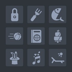 Premium set of fill icons. Such as musical, sunny, soccer, vacation, sweet, fresh, safety, dinner, fork, football, fishing, key, protection, pie, note, security, white, kitchen, flying, magic, food