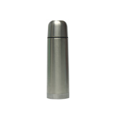 Metallic thermos flask on white background