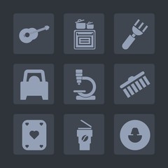 Premium set of fill icons. Such as vehicle, domestic, string, shape, guitar, profile, transportation, play, cup, sound, poker, instrument, research, coffee, restaurant, car, biology, kitchen, knife
