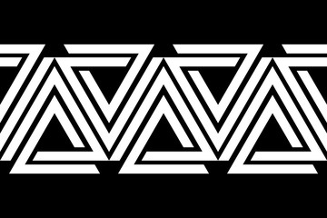 Linked triangles black and white geometric abstract seamless border, vector