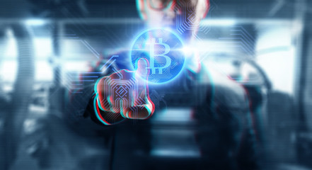 cryptocurrency, finance and business concept - close up of businessman with virtual bitcoin symbol hologram over abstract background