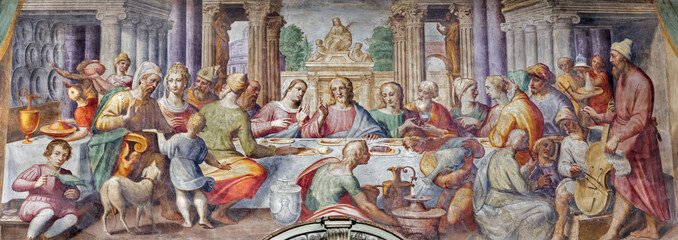 PARMA, ITALY - APRIL 16, 2018: The fresco of The wedding at Cana in church Chiesa di Santa Croce by Giovanni Maria Conti della Camera (1614 - 1670). - obrazy, fototapety, plakaty