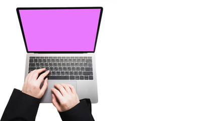 flat lay minimal concept with business woman hand in black suit and typing on her laptop with isolated white background