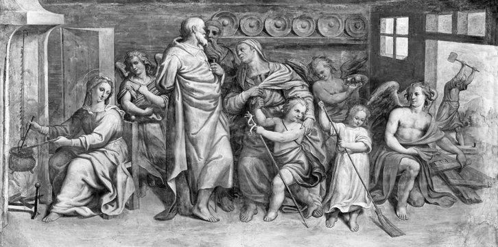 PARMA, ITALY - APRIL 16, 2018: The freso of Holy Family and St. Zachariah, Elizabeth, and St. John the Baptist in church Chiesa di Santa Croce by Giovanni Maria Conti della Camera (1614 - 1670).