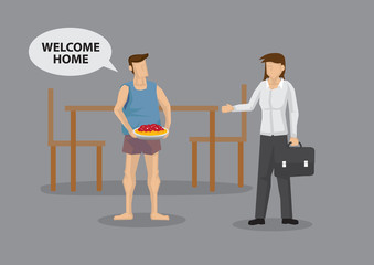 Career Woman and House Husband Cartoon Vector Illustration