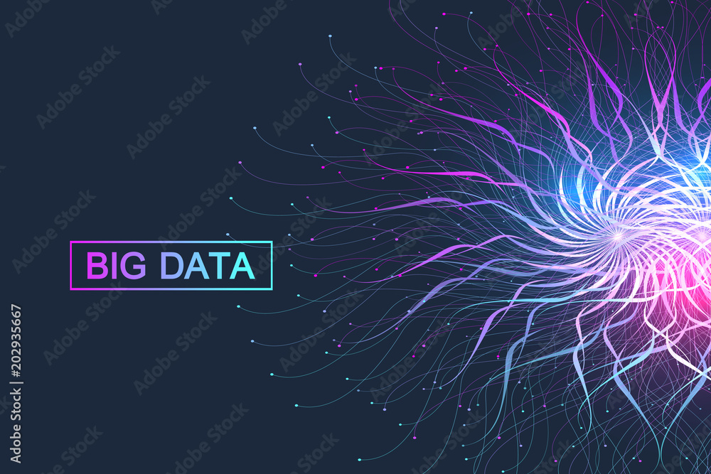 Poster Geometric graphic background molecule and communication. Big data complex with compounds. Perspective backdrop. Minimal array. Digital data visualization. Scientific cybernetic vector illustration.