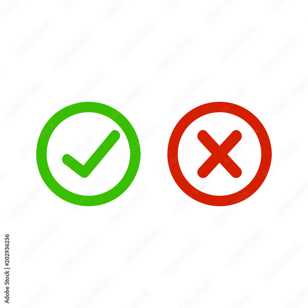 Poster thin line check mark icons. green tick and red cross checkmarks flat line icons set. vector illustra