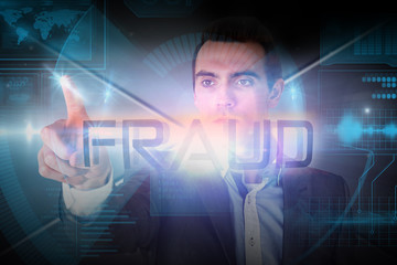 Businessman presenting the word fraud against futuristic screen with lines