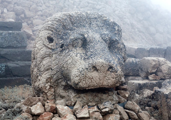 Ancient stone statue of Lion on the top of Nemrut mount, Turkey