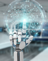 White humanoid hand using digital global network 3D rendering