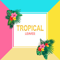 Colourful and vibrant tropical border design with flowers, palm leaves. Vector illustration