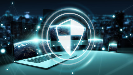 Antivirus interface over modern tech devices 3D rendering