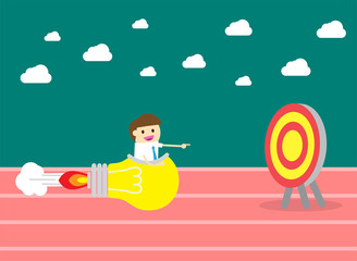 Startup Business. Businessman on a rocket. Flat design business concept illustration. lightbulb idea flying. vector. goal