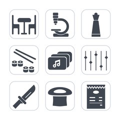 Premium fill icons set on white background . Such as interior, music, table, knight, king, virus, japanese, fish, science, menu, cutlery, medical, rice, sign, biology, equipment, web, pawn, chess, hat