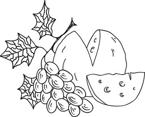 Hand Drawn Doodle Sketch Line Art Vector Illustration of Bunch of Ripe Grape, Wheel and Wedge of Cheese. Emblem Poster Banner Black Outline Design Element Template
