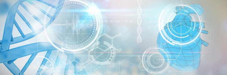 Obraz premium Illustrative image of a blue colored heart against digital background with dna helix