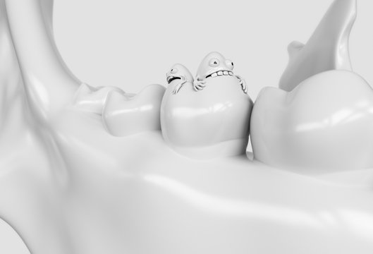 Tooth human cartoon bacteria. Caries bacteria eat the teeth - 3D rendering