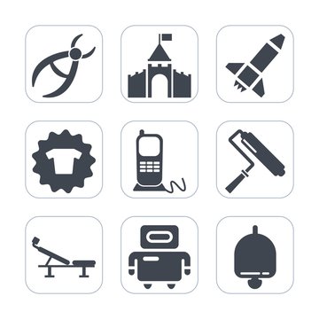 Premium fill icons set on white background . Such as robot, medical, launch, alarm, brush, technology, phone, ring, communication, dentistry, paint, spaceship, clothing, rocket, equipment, tower, tool