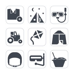 Premium fill icons set on white background . Such as kite, mask, cotton, camp, template, machinery, model, landscape, t-shirt, farm, food, outdoor, vehicle, noodle, snorkel, work, field, tractor, belt