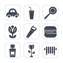 Premium fill icons set on white background . Such as blossom, cold, heater, sandwich, hot, dinner, white, kitchen, cooking, drink, snack, floral, transportation, auto, xray, cheeseburger, food, pan