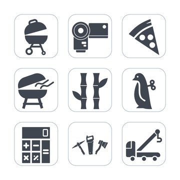 Premium fill icons set on white background . Such as restaurant, meal, business, fire, photographer, pizza, food, car, hammer, cheese, dinner, grilled, toy, finance, repair, barbecue, nature, meat