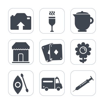Premium fill icons set on white background . Such as upload, glass, medical, water, teapot, equipment, wine, sale, camera, kayak, nature, game, pot, sign, beverage, ambulance, alcohol, picture, drink
