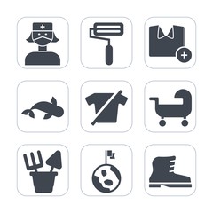 Premium fill icons set on white background . Such as fishing, seafood, cotton, leather, shirt, fresh, roll, health, style, fish, paint, casual, doctor, model, plastic, care, space, nurse, globe, white