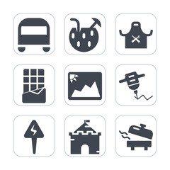 Premium fill icons set on white background . Such as work, road, head, sign, travel, summer, restaurant, transport, home, sweet, tower, heater, water, bus, medieval, dessert, energy, ice, photo, cold