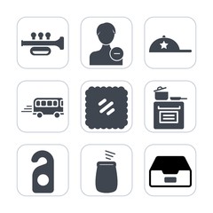 Premium fill icons set on white background . Such as speed, music, data, postage, pictogram, hat, road, instrument, letter, hotel, musical, motel, cooking, label, business, clothing, cap, baseball