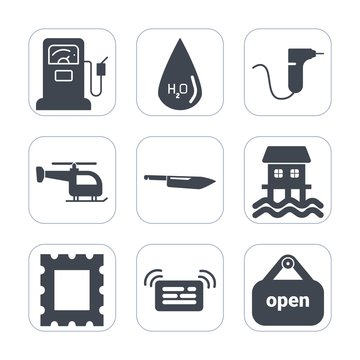 Premium fill icons set on white background . Such as energy, medical, drop, business, clean, liquid, pump, picture, store, gasoline, message, photo, houseboat, service, notification, care, air, knife