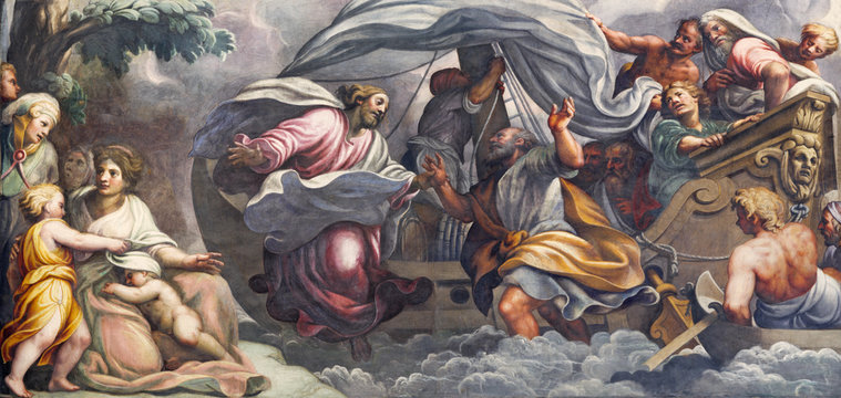 PARMA, ITALY - APRIL 16, 2018: The fresco  Peter, walking on water toward Jesus in Duomo by Lattanzio Gambara (1567 - 1573).