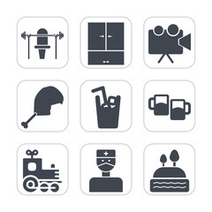 Premium fill icons set on white background . Such as fitness, doctor, toy, sport, sign, movie, meat, transport, barbell, chicken, cake, health, bar, light, cold, presentation, bird, travel, sweet, pub