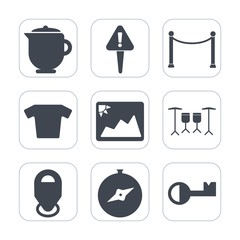 Premium fill icons set on white background . Such as musical, shirt, t-shirt, key, image, music, map, mark, location, attention, photography, graphic, beverage, hazard, compass, drink, tea, fence, web