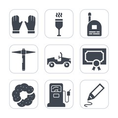 Premium fill icons set on white background . Such as background, award, food, vehicle, beverage, glass, bottle, pen, child, gasoline, restaurant, gas, communication, toy, cake, car, glove, office, fun