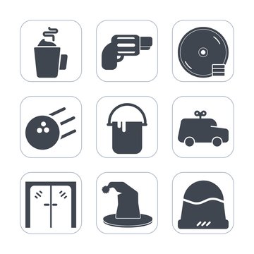 Premium fill icons set on white background . Such as entrance, cap, clothing, hot, door, drink, headwear, cup, handle, circus, dvd, toy, play, childhood, beverage, coffee, architecture, car, espresso