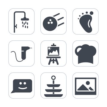 Premium fill icons set on white background . Such as hat, hobby, small, restaurant, old, competition, fun, medical, bath, sign, infant, dentist, mother, love, drill, picture, newborn, smile, leisure