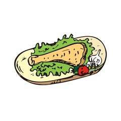 Chicken leg on a wooden Board with lettuce and vegetables. Fried, cooked, appetizing. just cooked. Freehand sketch illustration. Doodle art.