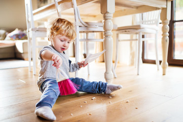 Obraz na płótnie Canvas A toddler boy with brush and dustpan at home.