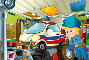 cartoon scene with garage mechanic working repearing some vehicle - ambulance car - or cleaning work place - illustration for children
