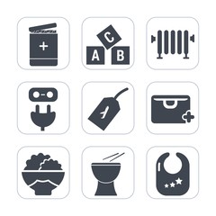 Premium fill icons set on white background . Such as letter, child, sale, food, add, infant, reading, water, health, plug, adapter, white, education, alphabet, toy, baby, abc, socket, sign, tag, rice