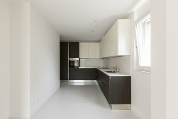 Fototapeta na wymiar Dark minimal kitchen in a modern apartment