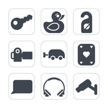 Premium fill icons set on white background . Such as lens, photo, surveillance, key, rubber, duck, carriage, service, bubble, hotel, sound, bird, safety, poker, privacy, quiet, bath, game, technology