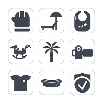 Premium fill icons set on white background . Such as mittens, check, security, toy, fashion, warm, sunbed, infant, new, rattle, travel, shirt, clothing, hotdog, sausage, meat, relaxation, hat, sea,