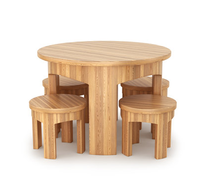деревянный круглый стол с четырьмя стульями. Современный дизайнер, изолированных на белом фоне. 3d иллюстрации