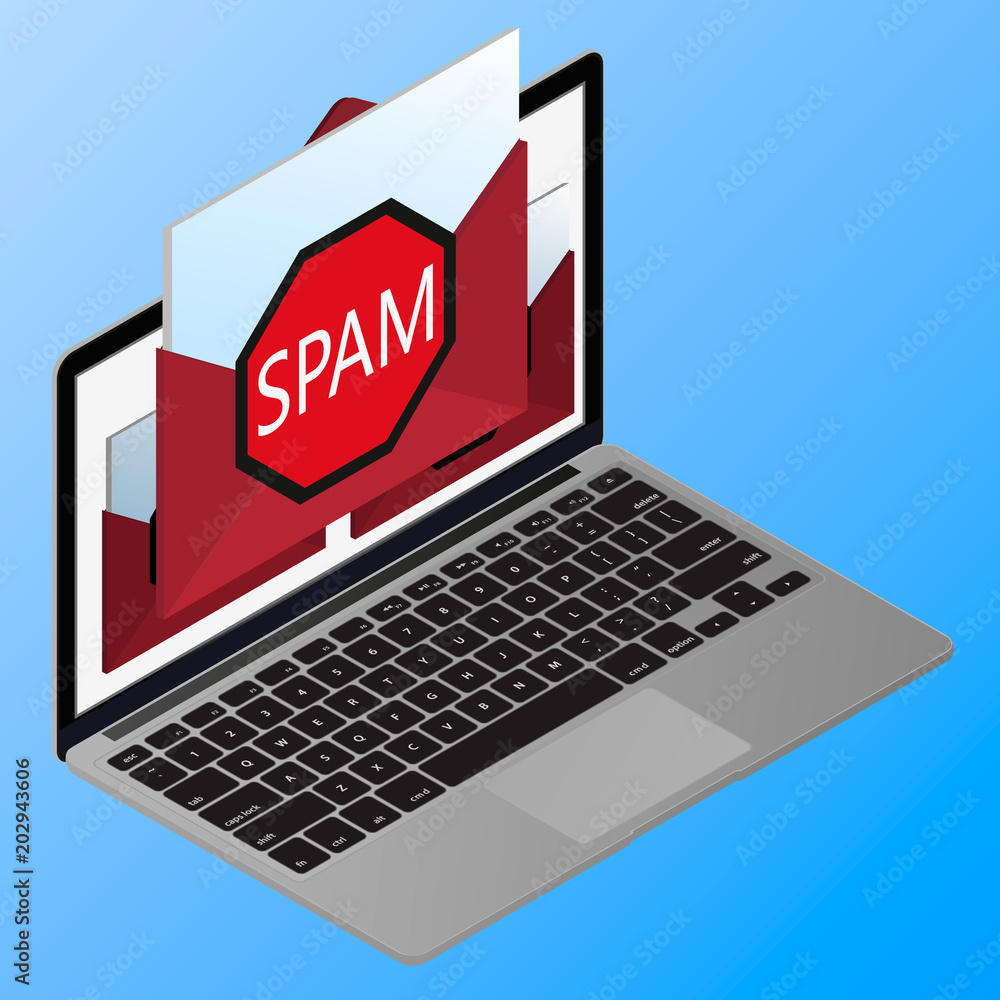 Poster isometric spamming mailbox concept, a lot of emails on the screen of a monitor. email box hacking, s