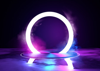 A large glowing neon loop sircle, futuristc background with platform. 3D illustration. - obrazy, fototapety, plakaty