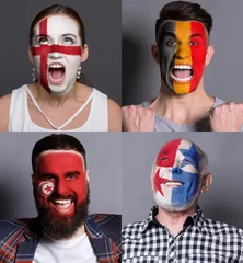 Fotobehang Emotional soccer fans with painted flags on faces © Prostock-studio