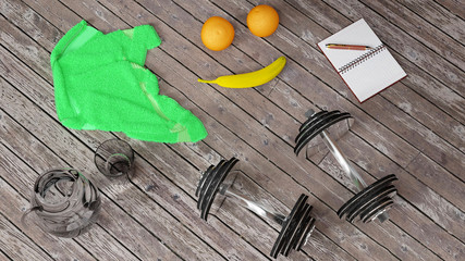 Fototapeta na wymiar Training, exercising, staying fit and healthy - two shiny metal dumbells, two oranges and a banana, green towel, small notebook and a pen, glass of water on a wooden floor