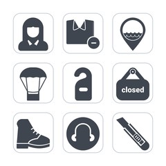 Premium fill icons set on white background . Such as hot, label, hotel, male, balloon, business, face, girl, boot, white, t-shirt, shirt, motel, location, sign, store, woman, air, privacy, person, map