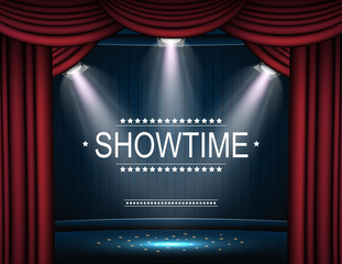 Showtime background with curtain illuminated by spotlights